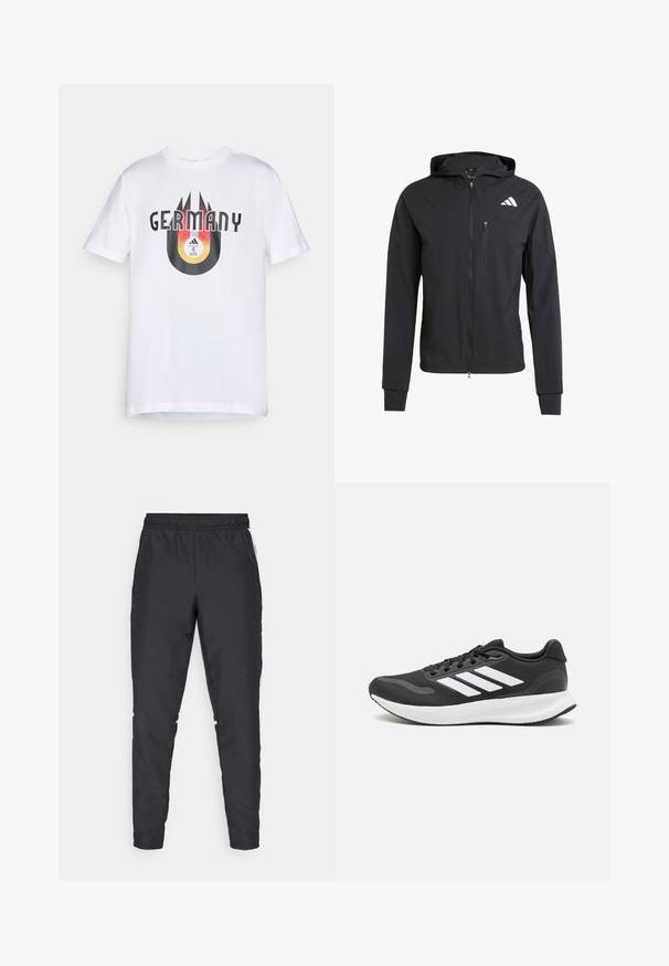 Fekete zipzáras kapucnis dzseki puha, könnyű anyagból. Zsebes mellzsebbel és logó részlettel a bal felső oldalon.; Fehér pamut póló fekete és narancssárga grafikával, rajta "GERMANY" felirattal és egy kör alakú mintázattal, amely focilabdát és csíkokat ábrázol.; Fekete sportnadrág, rugalmas derékkal, szűkített szárakkal és fehér oldalszegésekkel. Szinétikus anyagból készült, sima tapintással.; Fekete sportcipő légáteresztő hálós felsőrésszel, fehér kiegészítőkkel és párnázott talppal. Az oldalon három csíkkal ellátott logó található.
