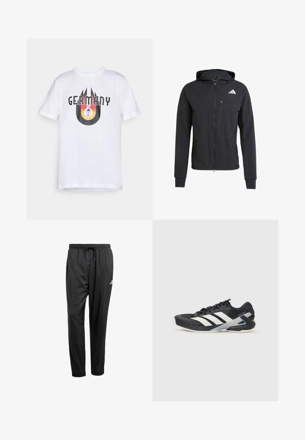 Crna zip-jakna s kapuljačom izrađena od mekog, laganog materijala. Ima ziper džep na grudima i detalj s logotipom na gornjoj lijevoj strani.; Bijela pamučna majica s crno-narančastom grafikom koja sadrži natpis "NJEMAČKA" i kružni dizajn sa loptom za nogomet i trakama.; Crne atletske hlače s elastičnim pojasom, vezicom, manžetama na gležnjevima i malim bijelim logom na desnom bedru.; Crne atletske cipele s bijelim prugama, mrežasta gornja strana, zaobljeni prst i podstavljeni đon. Imaju teksturiranu petu i siguran sustav vezivanja.