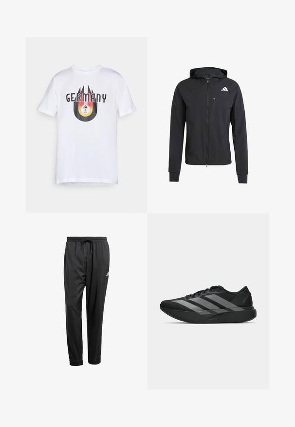 Černá zipová mikina s kapucí vyrobená z měkké, lehké látky. Obsahuje zipovou kapsu na prsou a detail loga na horní levé straně.; Bílý bavlněný tričko s černou a oranžovou grafikou, která obsahuje text "NĚMECKO" a kruhový design se sportovním míčem a pruhy.; Černé sportovní kalhoty s elastickým pasem, šňůrkou, manžetami na kotnících a malým bílým logem na pravém stehně.; Černé sportovní boty s lehkou konstrukcí, se třemi výraznými šedými pruhy, hladkým povrchem a tvarovanou podrážkou.