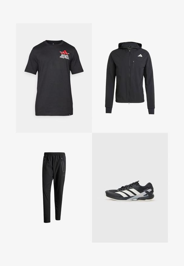 Schwarze Zip-Hoodie-Jacke aus weichem, leichtem Stoff. Verfügt über eine mit Reißverschluss verschlossene Brusttasche und ein Logodetail auf der oberen linken Seite.; Schwarzes kurzärmeliges T-Shirt aus Baumwolle mit rotem Adidas-Logo und dem Text "Football" auf der linken Brustseite. Glatte Textur.; Schwarze Sporthose mit elastischem Bund, zwei Reißverschlusstaschen an den Seiten, schmal zulaufenden Beinen und einem dezenten Logo-Detail an der Hüfte.; Schwarzer Sportschuh mit weißen Streifen, Obermaterial aus Mesh, runde Zehenform und gepolstertem Sohlenteil. Verfügt über eine strukturierte Ferse und ein sicheres Schnürsystem.