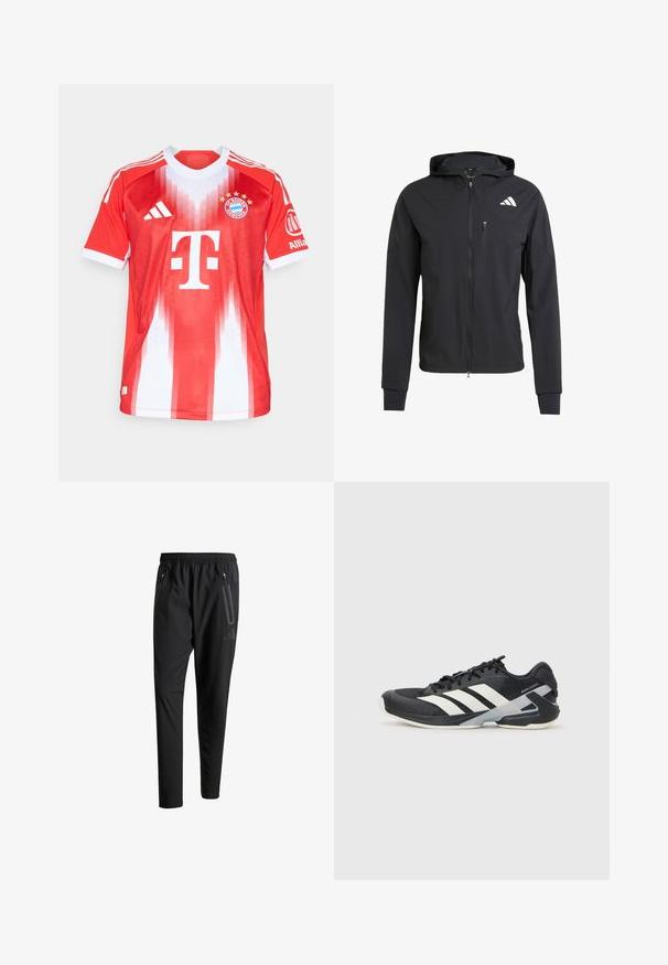 Čierna zipsová bunda s kapucňou vyrobená z mäkkej, ľahkej tkaniny. Má zipsovú náprsné vrecko a logo umiestnené v hornej ľavej časti.; Červený a biely futbalový dres vyrobený z priedušného materiálu, s okrúhlym výstrihom, vertikálnym prúžkovaným vzorom, klubovým logom a brandingom sponzora.; Čierne športové nohavice s elastickým pásom, dvoma bočnými zipsovými vreckami, zužujúcimi sa nohavicami a nenápadným detailom loga na bokoch.; Čierna športová obuv s bielymi pruhmi, sieťovinový zvršok, zaoblená špička a polstrovaná podrážka. Obsahuje štruktúrovaný opätok a bezpečný systém šnurovania.