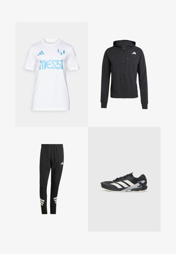 Czarna, zapinana na zamek kurtka z kapturem, wykonana z miękkiego, lekkiego materiału. Posiada kieszeń na zamek na klatce piersiowej oraz detal z logo na górnej lewej stronie.; Biała bawełniana koszulka z niebieskim napisem "MESSI" i dwoma niebieskimi paskami na ramionach. Okrągły dekolt, krótkie rękawy.; Czarne spodnie sportowe z elastycznym pasem, z odblaskowymi białymi akcentami w paski na dolnej części nóg. Wykonane z gładkiego materiału.; Czarne buty sportowe z białymi paskami, siateczkowa cholewka, zaokrąglony czubek i amortyzowana podeszwa. Posiadają teksturowany obcas i pewny system sznurowania.