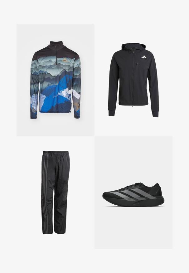 Czarna, zapinana na zamek kurtka z kapturem, wykonana z miękkiego, lekkiego materiału. Posiada kieszeń na zamek na klatce piersiowej oraz detal z logo na górnej lewej stronie.; Bogner Fire + Ice PASCAL wielokolorowy; Czarne spodnie sportowe wykonane z lekkiego, fakturowanego materiału, charakteryzujące się luźnym krojem, elastycznym pasem oraz trzema pionowymi szarymi paskami po bokach.; Czarne buty sportowe o lekkiej konstrukcji, z trzema wyraźnymi szarymi paskami, gładką fakturą i wyprofilowaną podeszwą.