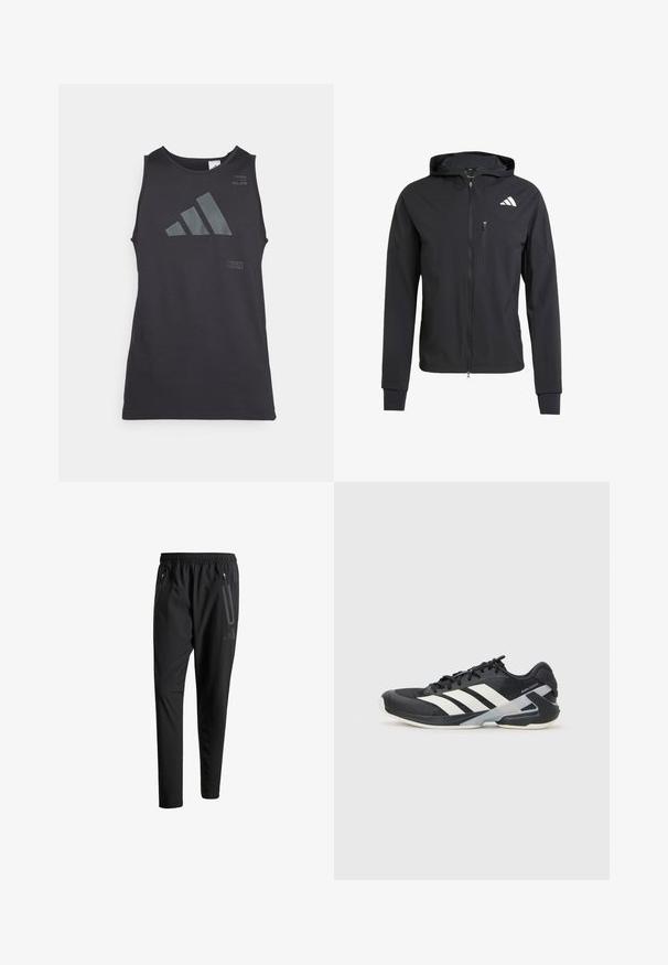 Jachetă neagră cu fermoar, cu glugă, realizată dintr-un material moale și ușor. Prezintă un buzunar pe piept cu fermoar și detalii cu logo în partea stângă sus.; Tricou sportiv fără mâneci, de culoare neagră, cu logo-ul și textul reflectorizant Adidas în nuanțe de gri, fabricat dintr-un material neted și ușor.; Pantaloni atletici negri cu talie elastică, două buzunare laterale cu fermoar, picioare conice și un detaliu logo discret pe șold.; Pantofii sport negri cu dungi albe, superior din plasă, vârf rotunjit și talpă îmbunătățită pentru amortizare. Au o călcătură texturată și un sistem de șireturi securizat.