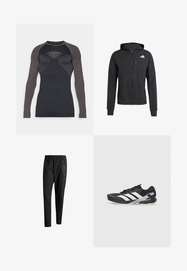 Čierna zipsová bunda s kapucňou vyrobená z mäkkej, ľahkej tkaniny. Má zipsovú náprsné vrecko a logo umiestnené v hornej ľavej časti.; Dlhý rukáv športový termo tričko v čiernej a tmavošedej farbe. Obsahuje textúrovaný vzor na pleciach a hrudníku, priliehavý strih a hladký materiál.; Čierne športové nohavice s elastickým pásom, dvoma bočnými zipsovými vreckami, zužujúcimi sa nohavicami a nenápadným detailom loga na bokoch.; Čierna športová obuv s bielymi pruhmi, sieťovinový zvršok, zaoblená špička a polstrovaná podrážka. Obsahuje štruktúrovaný opätok a bezpečný systém šnurovania.