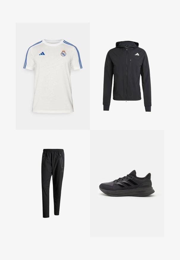 Black zip-up hooded jacket made of soft, lightweight fabric. Features a zippered chest pocket and logo detail on the upper left side.; White Adidas T-shirt featuring blue stripes on shoulders, embroidered club logo on chest. Made of lightweight fabric, short sleeves.; Black athletic pants with an elastic waistband, two zippered side pockets, tapered legs, and a subtle logo detail on the hip.; Black athletic shoe with textured fabric upper, rubber sole, and three shiny black stripes on the side. Rounded toe and cushioned heel.