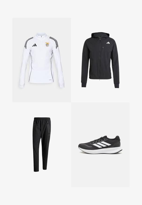 Jachetă neagră cu fermoar, cu glugă, realizată dintr-un material moale și ușor. Prezintă un buzunar pe piept cu fermoar și detalii cu logo în partea stângă sus.; Tricou sport alb cu mânecă lungă, cu dungi negre pe umeri, fermoar la jumătate în față, logo Adidas și emblema clubului de fotbal Benfica pe piept.; Pantaloni atletici negri cu talie elastică, două buzunare laterale cu fermoar, picioare conice și un detaliu logo discret pe șold.; Pantof cu aspect sport de culoare neagră, cu un upper din plasă respirabilă, accente albe și o talpă amortizată. Include logo-ul cu trei dungi pe lateral.