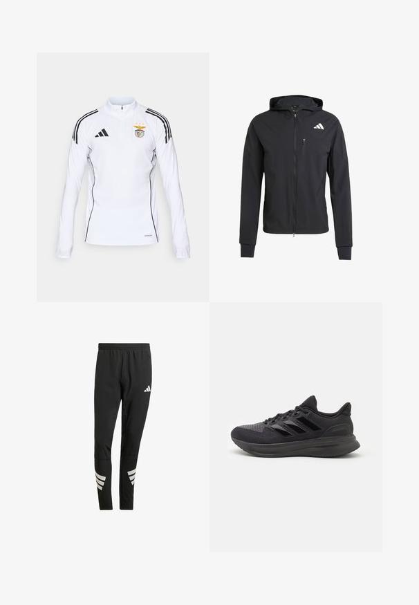 Black zip-up hooded jacket made of soft, lightweight fabric. Features a zippered chest pocket and logo detail on the upper left side.; White long-sleeve sports top with black stripes on shoulders, half-zip front, Adidas logo, and Benfica football club crest on chest.; Black athletic pants with an elastic waistband, featuring reflective white accents in a striped pattern on the lower legs. Made from a smooth fabric.; Black athletic shoe with textured fabric upper, rubber sole, and three shiny black stripes on the side. Rounded toe and cushioned heel.