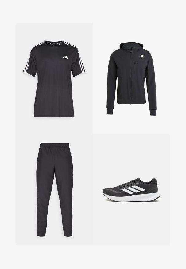 Črna zip-up kapuca iz mehkega, lahkotnega materiala. Ima žep na prsih z zadrgo in detajl logotipa na zgornji levi strani.; Črna majica s kratkimi rokavi z belim dizajnom treh črt na ramenih in logotipom na prsih. Narejena iz zračnega materiala, gladke teksture.; Črne atletske hlače z elastičnim pasom, ožjimi nogami in belimi stranskimi poudarki. Narejene so iz sintetičnega materiala z gladko teksturo.; Črne športne čevlje z zračnim mrežastim zgornjim delom, belimi akcenti in oblazinjeno podplatom. Imajo tri črte logo na strani.