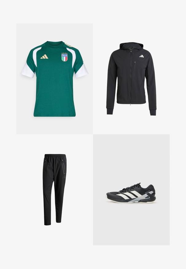 Musta vetoketjullinen huppari, joka on valmistettu pehmeästä ja kevyestä kankaasta. Siinä on vetoketjullinen rintatasku ja logotunnus vasemmalla ylhäällä.; Vihreä urheilupaita valkoisilla hihoilla, jossa on kirjailtu Italia-logo ja kultaiset yksityiskohdat, valmistettu pehmeästä, hengittävästä materiaalista.; Mustat urheiluhousut, joissa on joustava vyötärö, kaksi vetoketjullista sivutaskua, kapenevat lahkeet ja hillitty logokuvaus lonkalla.; Mustat urheilukengät valkoisilla raidoilla, verkkomateriaalia ylhäällä, pyöristetty kärki ja pehmustettu pohja. Varustettu teksturoidulla kantapäällä ja turvallisella nauhoitusjärjestelmällä.