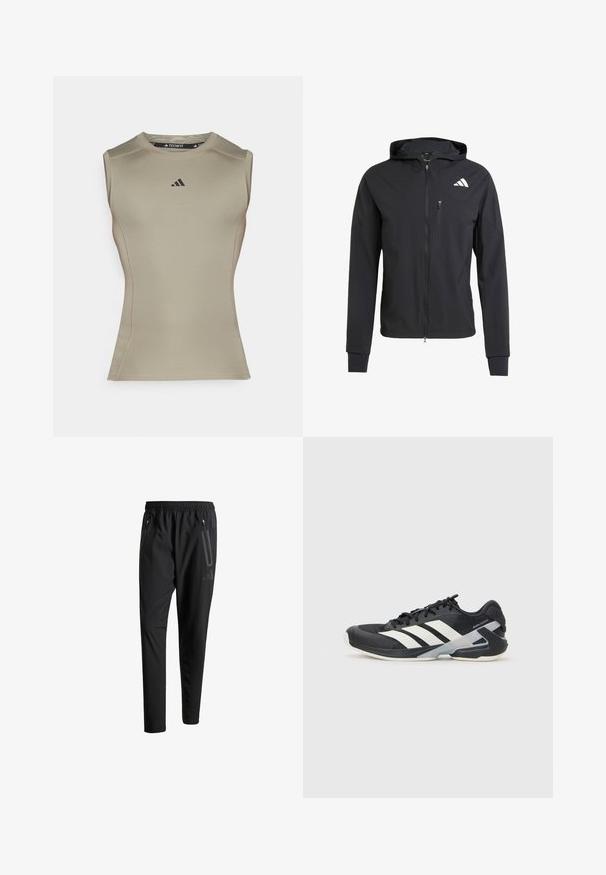 Black zip-up hooded jacket made of soft, lightweight fabric. Features a zippered chest pocket and logo detail on the upper left side.; Sleeveless, form-fitting athletic top in light beige fabric. Features flat seams, a rounded neckline, and a black logo on the chest.; Black athletic pants with an elastic waistband, two zippered side pockets, tapered legs, and a subtle logo detail on the hip.; Black athletic shoe with white stripes, mesh upper, rounded toe, and cushioned sole. Features a textured heel and secure lacing system.