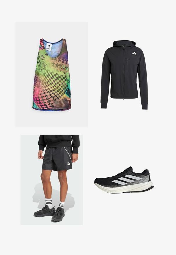 Black zip-up hooded jacket made of soft, lightweight fabric. Features a zippered chest pocket and logo detail on the upper left side.; Multicolored tank top featuring vibrant geometric patterns, including checkerboards and swirls, in shades of green, pink, blue, and purple.; Black athletic shorts with a white diagonal stripe and Adidas logo. Worn with black sneakers and white socks featuring three black stripes.; Black athletic shoe with a mesh design, featuring white stripes, a rounded toe, and a textured sole for grip and support.