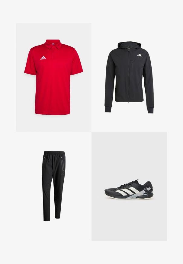 Czarna, zapinana na zamek kurtka z kapturem, wykonana z miękkiego, lekkiego materiału. Posiada kieszeń na zamek na klatce piersiowej oraz detal z logo na górnej lewej stronie.; Czerwona koszulka polo z oddychającego materiału. Posiada kołnierzyk, krótkie rękawy oraz białe logo Adidasa na lewej piersi.; Czarne spodnie sportowe z elastycznym paskiem w talii, dwiema zasuwanymi kieszeniami bocznymi, zwężanymi nogawkami i subtelnym logo na biodrze.; Czarne buty sportowe z białymi paskami, siateczkowa cholewka, zaokrąglony czubek i amortyzowana podeszwa. Posiadają teksturowany obcas i pewny system sznurowania.