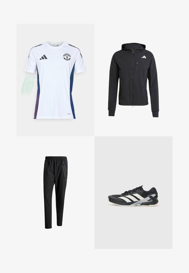 Casaco com capuz preto, com fecho éclair, feito de um tecido suave e leve. Possui um bolso no peito com fecho éclair e detalhe do logo no lado superior esquerdo.; Camisola desportiva branca com riscas pretas da Adidas, logótipo do Manchester United no peito, com acentos em degradê azul a roxo nas laterais, feita de material leve.; Calças de treino pretas com uma cintura elástica, dois bolsos laterais com fecho, pernas ajustadas e um discreto detalhe de logotipo no quadril.; Sapata atlética preta com riscas brancas, parte superior em malha, biqueira arredondada e sola acolchoada. Apresenta um calcanhar texturizado e um sistema de atacadores seguro.