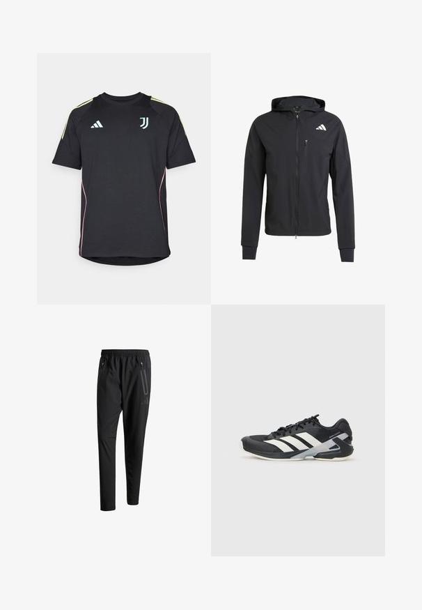 Černá zipová mikina s kapucí vyrobená z měkké, lehké látky. Obsahuje zipovou kapsu na prsou a detail loga na horní levé straně.; Černé sportovní tričko s krátkým rukávem, ozdobené světle modrými a žlutými akcenty. Má kulatý výstřih a logo na hrudi. Hladká textilie.; Černé sportovní kalhoty s elastickým pasem, dvěma zipovými bočními kapsami, zúženými nohavicemi a decentním logem na boku.; Černá sportovní obuv s bílými pruhy, síťovaným svrškem, zaoblenou špičkou a polstrovanou podrážkou. Obsahuje texturovanou patu a bezpečný systém šněrování.