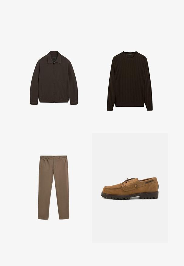 Donkerbruine zip-up jacket met kraag, lange mouwen, twee zijzakken en een rechte zoom, weergegeven op een witte achtergrond.; Bruine geribbelde trui met lange mouwen en een ronde hals. Heeft een gestructureerde stof en een strakke pasvorm bij de taille en de manchetten.; Bruine cotton chinos met een rechte pijp, elastische tailleband en voorzakken. Glad textuur en minimale stikseldetails.; Bruine suède schoenen met een ronde neus, contrasterende geborduurde accenten en een rubberen zool met textuur die diepe profielen heeft voor grip.