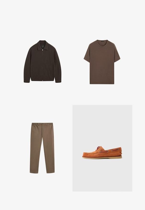 Ciemnobrązowa kurtka zapinana na zamek z kołnierzem, długimi rękawami, dwoma bocznymi kieszeniami i prostym dołem, prezentowana na białym tle.; Brązowa bawełniana koszulka z okrągłym dekoltem i krótkimi rękawami. Prosty design, wyrównana faktura i luźny krój. Brak wzorów czy akcentów.; Brązowe bawełniane chinosy o prostym kroju, z elastycznym paskiem w talii i przednimi kieszeniami. Gładka struktura i minimalne detale szycia.; Pomarańczowy zamszowy but żeglarski z zaokrąglonym noskiem, kontrastującymi sznurowadłami, dekoracyjnym przeszyciem i gumową podeszwą. Widok z boku z minimalnymi detalami.