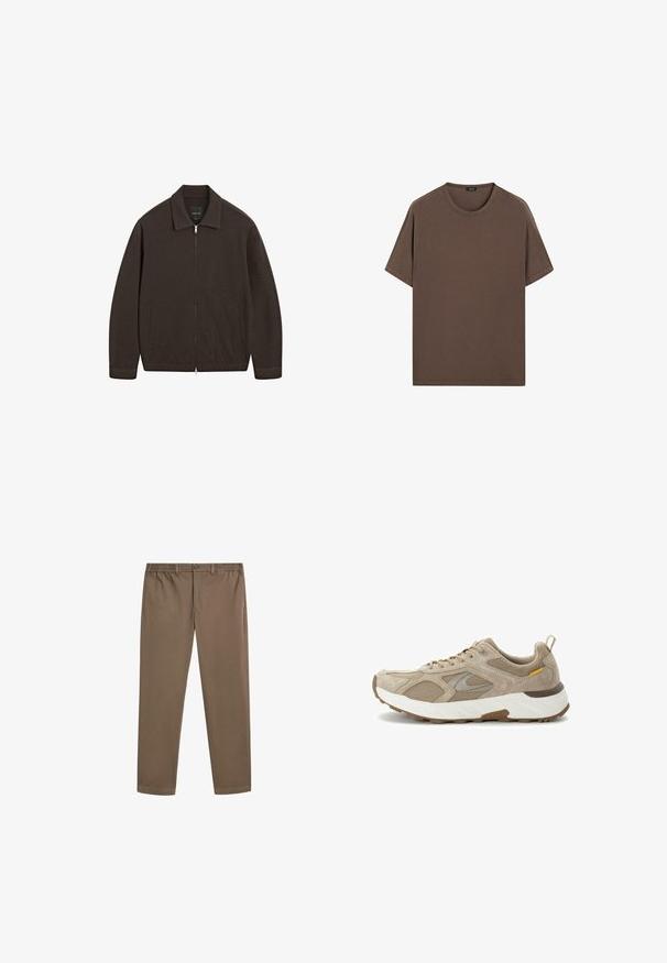 Veste zippée marron foncé avec col, manches longues, deux poches latérales et ourlet droit, présentée sur un fond blanc.; T-shirt en coton marron avec un col rond et des manches courtes. Design simple avec une texture uniforme et une coupe décontractée. Aucun motif ni accent.; Chinos en coton marron avec une coupe droite, une taille élastique et des poches avant. Texture lisse et détails de couture minimalistes.; Baskets de course beiges présentant une combinaison de matériaux en daim et en maille, avec un col rembourré et une semelle intermédiaire blanche accompagnée d'une semelle extérieure marron texturée.