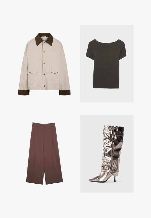 Noisy May NMNORA COLLAR JACKET - Giacca leggera - silver; Top corto grigio scuro con scollatura a barca. Realizzato in tessuto a costine, presenta una vestibilità rilassata e un orlo pulito. Design semplice, senza motivi.; Pantaloni ampi marroni con una texture liscia, caratterizzati da una vita alta e pieghe frontali. Il tessuto è leggero e scorre liberamente.; Stivale metallico alto fino al ginocchio con tacco a spillo sottile, punta appuntita, chiusura con zip e cinturini decorati con borchie. Presenta una texture rugosa.