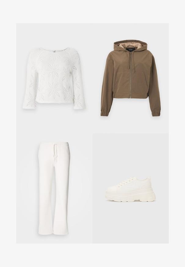 Sweatshirt court marron avec une fermeture éclair sur le devant, capuche à cordon de serrage, poignets élastiques et une poche kangourou. Tissu lisse avec une finition mate.; Crop top blanc avec un motif tricoté de fleurs stylisées. Dispose de manches longues et d'un col rond. Tissu léger et texturé.; Pantalons de jogging blancs, à coupe décontractée, fabriqués en tissu doux, dotés d'une taille élastique avec cordon de serrage et d'une conception à jambe droite.; Baskets blanches en toile avec une semelle épaisse, bout arrondi et cinq œillets pour les lacets. Onglet arrière pour un enfilage facile. Texture lisse, design minimaliste.