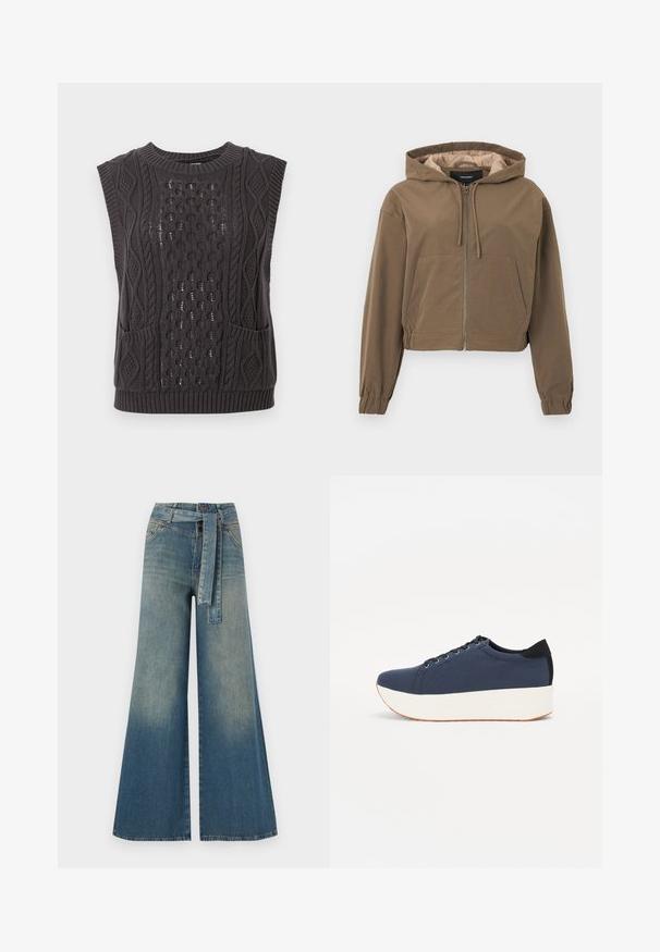 Barna, rövidített kapucnis pulóver, elülső cipzárral, húzózsinórral a kapucniban, rugalmas mandzsettákkal és kenguruzsebbel. Simább anyag matt felülettel.; Sötét szürke kötött ujjatlan pulóver bonyolult kábelmintázattal, textúrált anyagból, kerek nyakkal és két elülső zsebbel.; Bőszárú farmernadrág, világos és sötétkék árnyalatokkal, magas derekú, övgyűrűkkel és a nadrággal megegyező anyagú övvel. Textúrált farmer kivitel.; Sötétkék sportcipő, texturált szövet felsőrész, fehér platform talp, lekerekített orr és fekete sarok akcentussal. Hat fűzőlyuk található rajta.