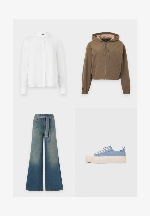 Brown cropped hoodie with a front zipper, drawstring hood, elastic cuffs, and a kangaroo pocket. Smooth fabric with a matte finish.; Long-sleeve white shirt featuring a button-down front, classic collar, and smooth fabric with a slightly loose fit.; Wide-leg denim trousers featuring a light to dark blue gradient, high waist, belt loops, and a matching fabric belt. Textured denim finish.; Light blue canvas sneakers with a cream rubber toe cap and outsole, featuring white laces and a pull tab on the heel.