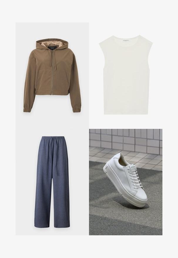 Hanorac scurt, de culoare maro, cu fermoar frontal, glugă cu șnur, manșete elastice și buzunar tip kangaroo. Material neted cu finisaj mat.; Top alb fără mâneci, cu decolteu rotund. Fabricat dintr-un material neted, prezintă o croială lejeră și un design minimalist. Fără modele sau accente.; Pantaloni evazați de culoare albastru închis, cu un material texturat, talie elastică și șnur ajustabil. Nu sunt vizibile buzunare.; Adidași din piele albă cu un design low-top, șireturi plate, vârf rotund și laturi texturate. Talpă groasă din cauciuc cu accente subtile.