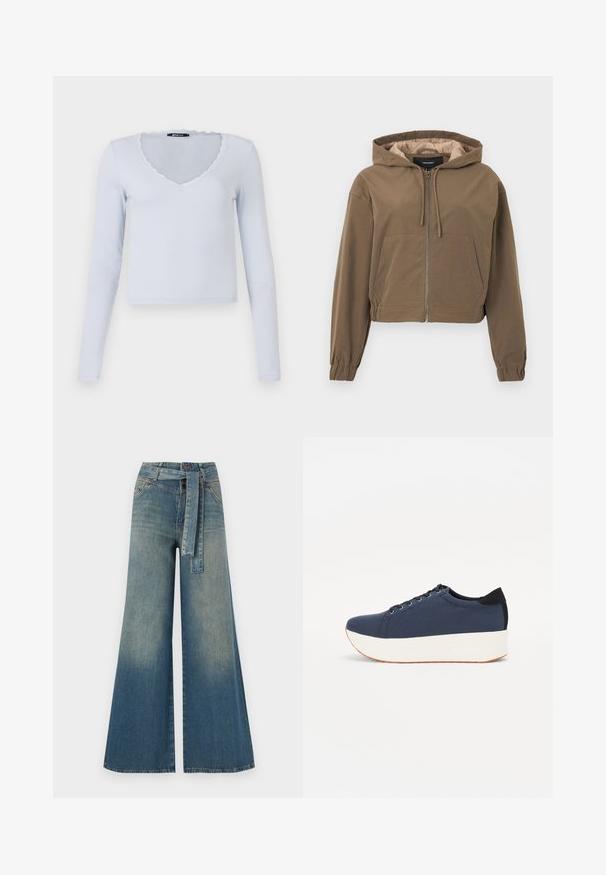 Brown cropped hoodie with a front zipper, drawstring hood, elastic cuffs, and a kangaroo pocket. Smooth fabric with a matte finish.; Light blue long-sleeve top with a ribbed texture, V-neckline, and scalloped lace trim around the neckline and sleeves.; Wide-leg denim trousers featuring a light to dark blue gradient, high waist, belt loops, and a matching fabric belt. Textured denim finish.; Navy blue sneaker with a textured fabric upper, white platform sole, rounded toe, and black heel accent. Features six eyelets for laces.