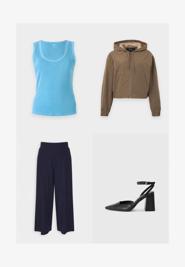 Hanorac scurt, de culoare maro, cu fermoar frontal, glugă cu șnur, manșete elastice și buzunar tip kangaroo. Material neted cu finisaj mat.; Top fără mâneci, de culoare albastră deschisă, cu un decolteu curbat și un design cu model în dungi. Fabricat dintr-un material tricotat, având o siluetă ajustată și un tiv curat.; Pantaloni cu croi larg din țesătură de culoare bleumarin închis, cu un model texturat. Prezintă un brâu neted și o siluetă fluidă, ajungând până la jumătatea gambei.; Pantofii cu toc ascuțit din piele neagră, cu breteaua pentru glezne și toc gros. Textură netedă, design elegant și estetică minimală.