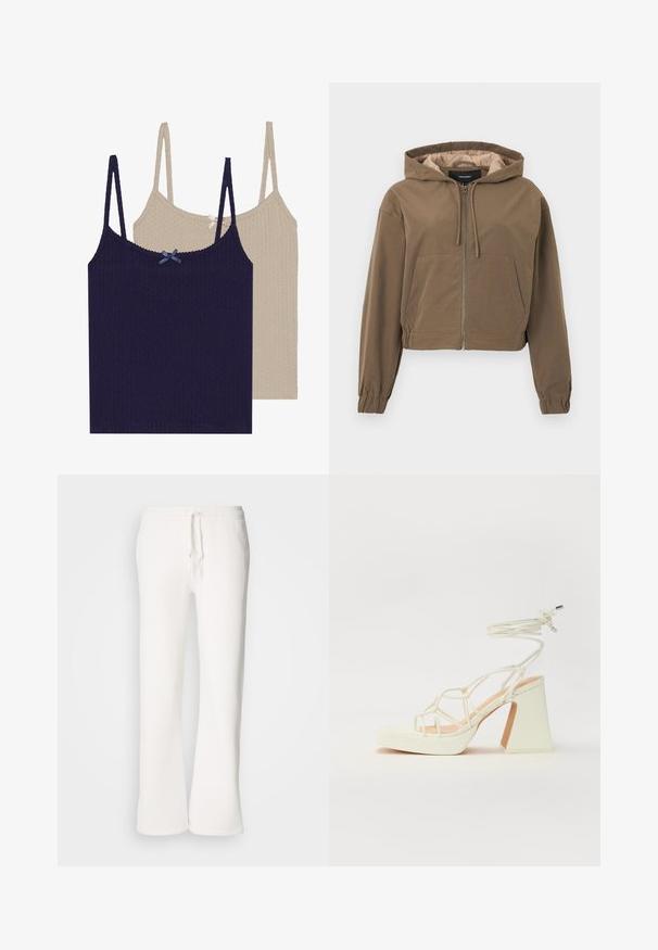 Hnedá skrátená mikina s predným zipsom, kapucňou na sťahovanie, elastickými manžetami a klokaním vreckom. Hladká tkanina s matným povrchom.; Dve rebrované tielka, jedno námornícke s modrou mašľou a druhé krémové s striebornou mašľou, s nastaviteľnými ramienkami a textúrovaným povrchom.; Biele, voľné tepláky vyrobené z mäkkej tkaniny, s elastickým pásom na šnurovanie a rovnými nohavicami.; Biele sandále na vysokom opätku s hrubým podpätkom, s pruhovaným dizajnom a viazaním na členku. Hladký povrch s platformou vpredu pre zvýšenú výšku.