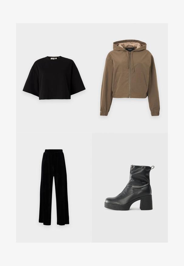 Smeđa skraćena hoodie s prednjim zipom, kapuljača s vezicom, elastičnim manžetama i kengur džepom. Glatka tkanina s mat završnom obradom.; Crna skraćena majica od pamučnog materijala, s okruglim izrezom i kratkim, širokim rukavima za slobodniji kroj. Glatka tekstura, jednostavan dizajn.; Crne široke hlače od mekanog velura, s elastičnim pojasom i glatkom teksturom, bez vidljivih detalja ili uzoraka.; Crne gležnjače od glatke kože, s bočnim zatvaračem, debelim teksturiranim potplatom i dizajnom s zaobljenim prstima.