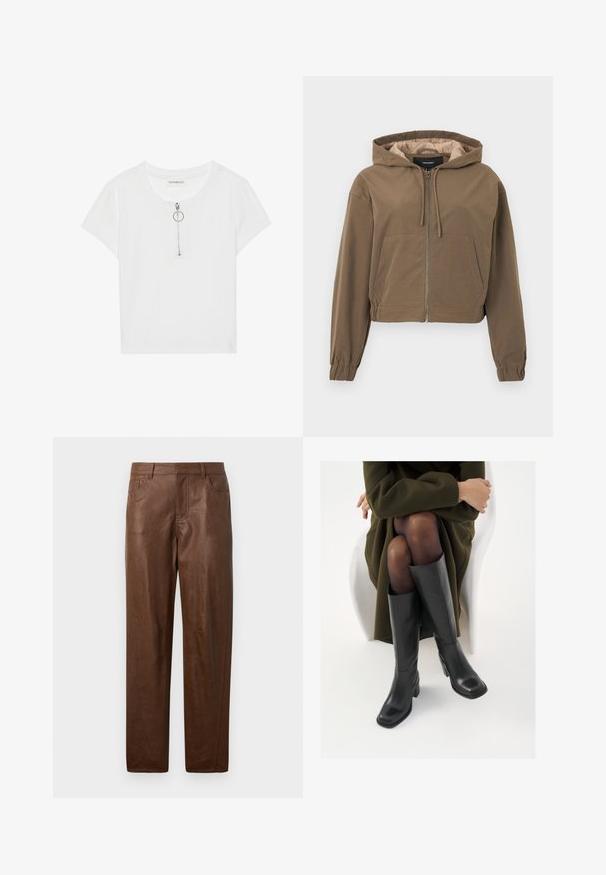Barna, rövidített kapucnis pulóver, elülső cipzárral, húzózsinórral a kapucniban, rugalmas mandzsettákkal és kenguruzsebbel. Simább anyag matt felülettel.; Fehér bordázott, rövid ujjú póló, ezüst gyűrűs cipzárral. Kerek nyakkivágású és laza szabású, puha textilből készült.; Barna bőrnadrág sima textúrával, egyenes lábformával és két oldalzsebből áll. Jellemzője a látható varrási részletek.; Térdfelett érő fekete bőr csizmák négyzet alakú orral és tömbtalppal, olajzöld kabátban ülő modellel bemutatva. Simaság, minimalista részletezés.