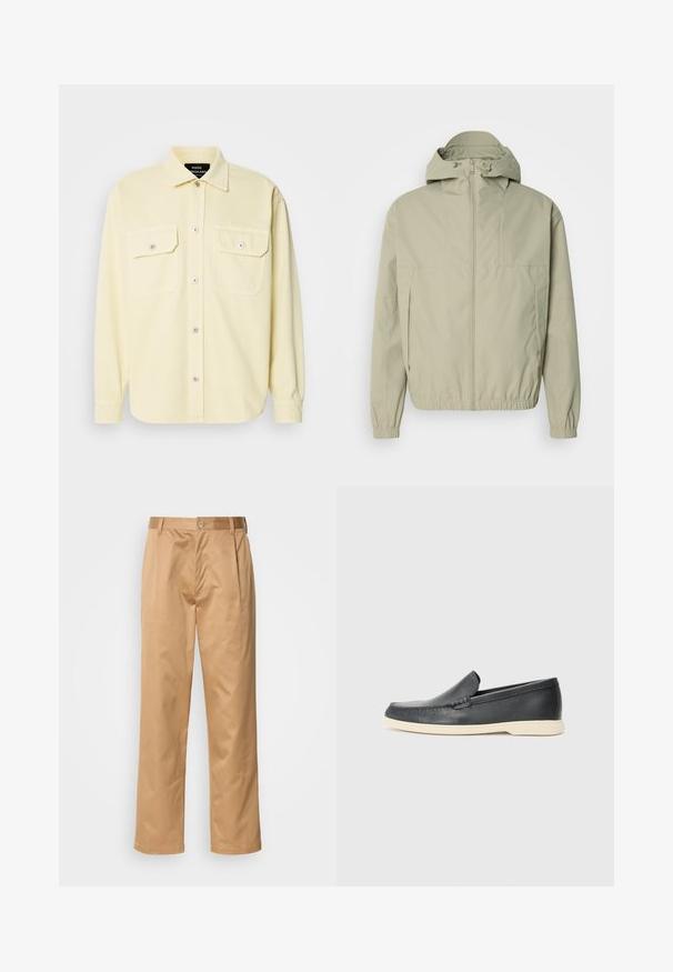 Casaco corta-vento verde-claro com capuz, punhos elásticos e fecho na frente. Textura suave com um design minimalista e sem padrões visíveis.; Camisa de manga longa amarela clara, feita de tecido suave, com frente abotoada, dois bolsos no peito e botões prateados como detalhe.; Calças caqui, mistura de algodão, design de pernas retas, pregas frontais, passantes para cinto e fecho com botão. Textura suave sem padrões.; Mocassins pretos em couro com acabamento texturizado e sola de borracha bege em contraste. Apresenta um detalhe subtil na parte da frente.