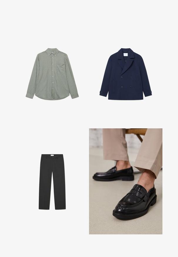 Marineblå, dobbeltspent peacoat laget av ullblandet stoff, med store knapper, sidelommer og krage med utsnitt.; Langermet skjorte i olivengrønn med vertikale hvite striper, standard krage og en brystlomme på venstre side.; Sorte bukser laget av lett stoff. Har en rett ben-design med flat front, side lommer og en diskret midje.; Svarte skinnloafers med glatt overflate, med en dekorativ stropp og kontrastbroderi, sammen med beige bukser.