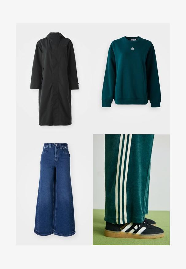 Corta-vento preto feito de material resistente à água, com um colarinho alto, mangas longas, design minimalista e bolsos laterais.; Sweatshirt Adidas de cor verde escuro com mangas longas e logotipo branco da Adidas centrado no peito, exibido sobre um fundo branco.; Jeans de pernas largas em denim azul escuro, com cintura alta, fecho frontal por botão e dois bolsos dianteiros. Textura suave com costura mínima.; Calças verdes texturizadas com riscas laterais brancas, combinadas com ténis Adidas pretos com três riscas brancas e sola de borracha.
