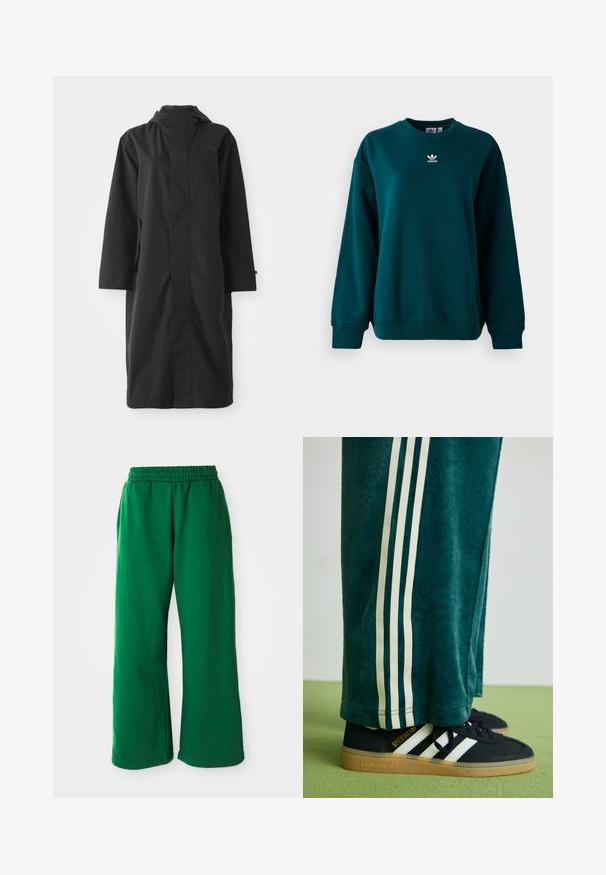 Črni dežni plašč iz vodoodpornega materiala, z visokim ovratnikom, dolgimi rokavi, minimalističnim dizajnom in stranskimi žepi.; Temno zelena Adidas pulover s dolgimi rokavi in belim Adidas logotipom na sredini prsnega dela, prikazan na beli podlagi.; Zelene, ohlapne trenirke iz mehkega materiala. Imajo elastičen pas, stranske žepke in široke hlačnice z gladko teksturo.; Zelene teksturirane hlače z belimi stranskimi črtami, v kombinaciji s črnimi Adidas supergami, ki imajo tri bele črte in gumo podplat.