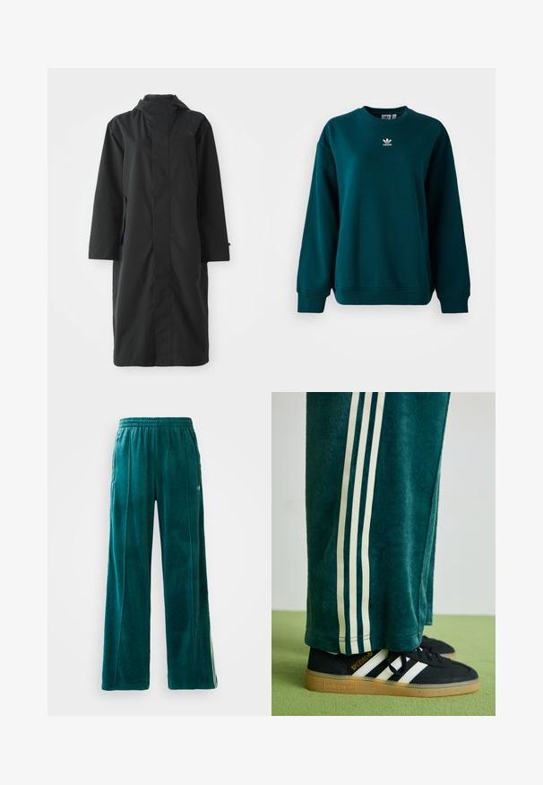 Sort regnjakke lavet af vandafvisende materiale, med højt krave, lange ærmer, minimalistisk design og sidelommer.; Mørkegrøn Adidas sweatshirt med lange ærmer og hvid Adidas-logo centreret på brystet, præsenteret på en hvid baggrund.; Teal velour joggingbukser med en løs pasform, elastisk talje, sidelommer og subtil tekstur. Har kontrasterende striber langs siderne.; Grønne teksturerede bukser med hvide sidelince, parret med sorte Adidas sneakers med tre hvide striber og en gummisål.