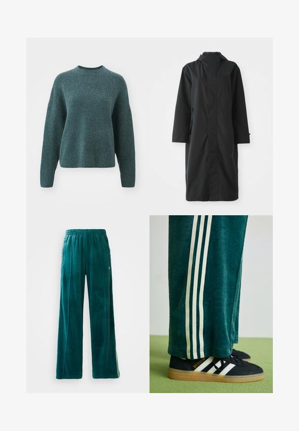 Svart regnfrakk laget av vannavstøtende materiale, med høy krage, lange ermer, minimalistisk design og sidelommer.; Teal strikkegenser med rund hals, ribbestrikkede mansjetter og nederkant. Har en avslappet passform og myk tekstur med en subtil glans.; Teal velour joggesbukser med løs passform, elastisk midje, sidelommer og subtil teksturmønster. Har kontrasterende striper langs sidene.; Grønne teksturerte bukser med hvite sidelister, kombinert med sorte Adidas-sneakers med tre hvite striper og en gummisåle.