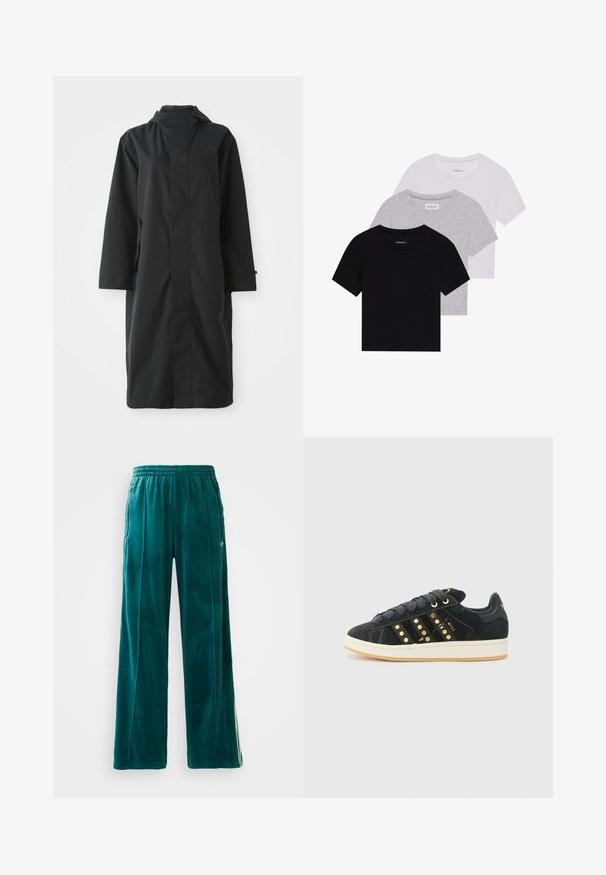 Corta-vento preto feito de material resistente à água, com um colarinho alto, mangas longas, design minimalista e bolsos laterais.; Conjunto de três t-shirts de manga curta nas cores preto, cinza e branco. Feitas em algodão, com gola redonda e um design simples, em cores sólidas.; Calças de jogging em veludo teal com um corte solto, cintura elástica, bolsos laterais e um padrão de textura subtil. Apresenta riscas contrastantes ao longo dos lados.; adidas Originals CAMPUS 00S W - Sapatilhas - core black/carbon/gold-coloured