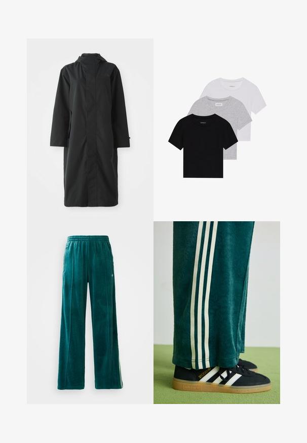 Corta-vento preto feito de material resistente à água, com um colarinho alto, mangas longas, design minimalista e bolsos laterais.; Conjunto de três t-shirts de manga curta nas cores preto, cinza e branco. Feitas em algodão, com gola redonda e um design simples, em cores sólidas.; Calças de jogging em veludo teal com um corte solto, cintura elástica, bolsos laterais e um padrão de textura subtil. Apresenta riscas contrastantes ao longo dos lados.; Calças verdes texturizadas com riscas laterais brancas, combinadas com ténis Adidas pretos com três riscas brancas e sola de borracha.