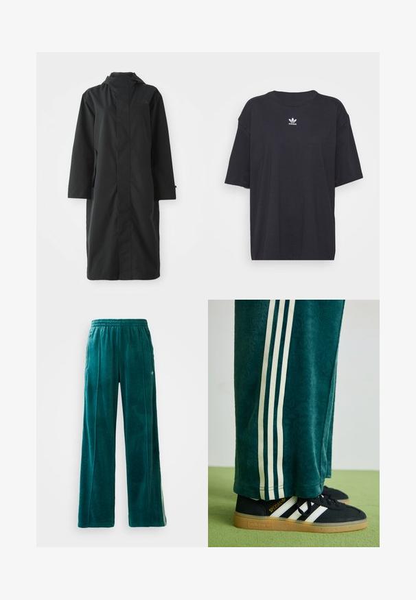 Zwarte regenjas gemaakt van waterafstotend materiaal, met een hoge kraag, lange mouwen, een minimalistisch ontwerp en zijzakken.; Zwarte katoenen T-shirt met korte mouwen, ronde halslijn, voorzien van een wit Adidas-logo op de borst. Eenvoudig ontwerp, comfortabele pasvorm.; Teal velours joggers met een losse pasvorm, elastische tailleband, zijzakken en een subtiel textuurpatroon. Voorzien van contrasterende strepen langs de zijkanten.; Groene textuur broek met witte zijkanten, gecombineerd met zwarte Adidas sneakers met drie witte strepen en een rubberen zool.