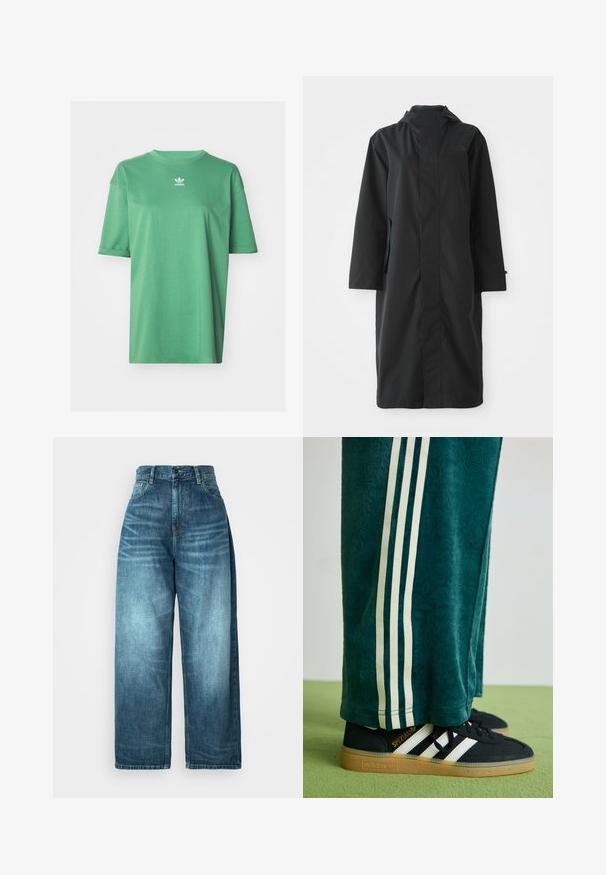 Černý deštník vyrobený z voděodolného materiálu, s vysokým límcem, dlouhými rukávy, minimalistickým designem a bočními kapsami.; adidas Originals TEE - Jednoduché tričko - preloved green; Džíny s vysokým pasem a širokými nohavicemi ve středně modrém denimu, s vybledlým vzhledem, klasickým designem kapes a předním zapínáním na knoflíky.; Zelené texturované kalhoty s bílými bočními pruhy, spárované s černými teniskami Adidas se třemi bílými pruhy a gumovou podrážkou.