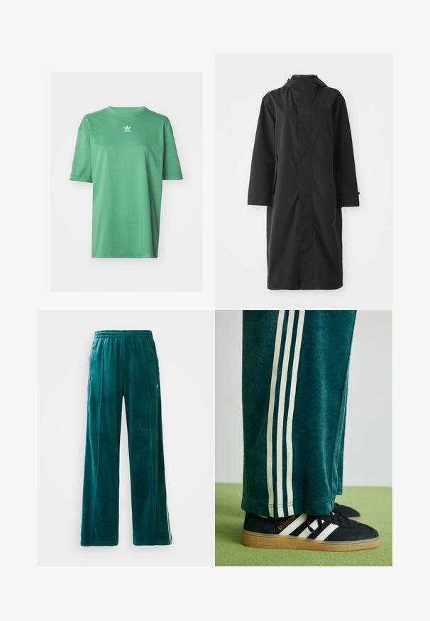 Musta sadetakki, joka on valmistettu vedenkestävästä materiaalista. Takissa on korkea kaulus, pitkät hihat, minimalistinen muotoilu ja sivutaskut.; adidas Originals TEE - T-paita - preloved green; Teal velour-housut, joissa on väljä istuvuus, joustava vyötärö, sivutaskut ja hienovarainen tekstuurikuvio. Sivupuolella on kontrastoivia raitoja.; Vihreät kuvioidut housut, joissa on valkoiset sivuviivat, yhdistettynä mustiin Adidas-kenkiin, joissa on kolme valkoista raitaa ja kumipohja.
