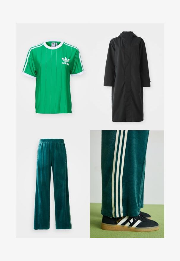 Černý deštník vyrobený z voděodolného materiálu, s vysokým límcem, dlouhými rukávy, minimalistickým designem a bočními kapsami.; Zelené tričko Adidas s vertikálními pruhy, bílými akcenty a kulatým výstřihem. Obsahuje logo Adidas na levé části hrudi.; Tyrkysové velurové tepláky s volným střihem, elastickým pasem, bočními kapsami a jemným texturovaným vzorem. Obsahují kontrastní pruhy po stranách.; Zelené texturované kalhoty s bílými bočními pruhy, spárované s černými teniskami Adidas se třemi bílými pruhy a gumovou podrážkou.
