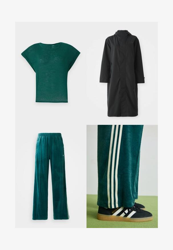 Zwarte regenjas gemaakt van waterafstotend materiaal, met een hoge kraag, lange mouwen, een minimalistisch ontwerp en zijzakken.; Tee Groen short-sleeve shirt met een ronde halslijn en een relaxte fit. Zacht, lichtgewicht stof met een licht doorschijnende textuur.; Teal velours joggers met een losse pasvorm, elastische tailleband, zijzakken en een subtiel textuurpatroon. Voorzien van contrasterende strepen langs de zijkanten.; Groene textuur broek met witte zijkanten, gecombineerd met zwarte Adidas sneakers met drie witte strepen en een rubberen zool.