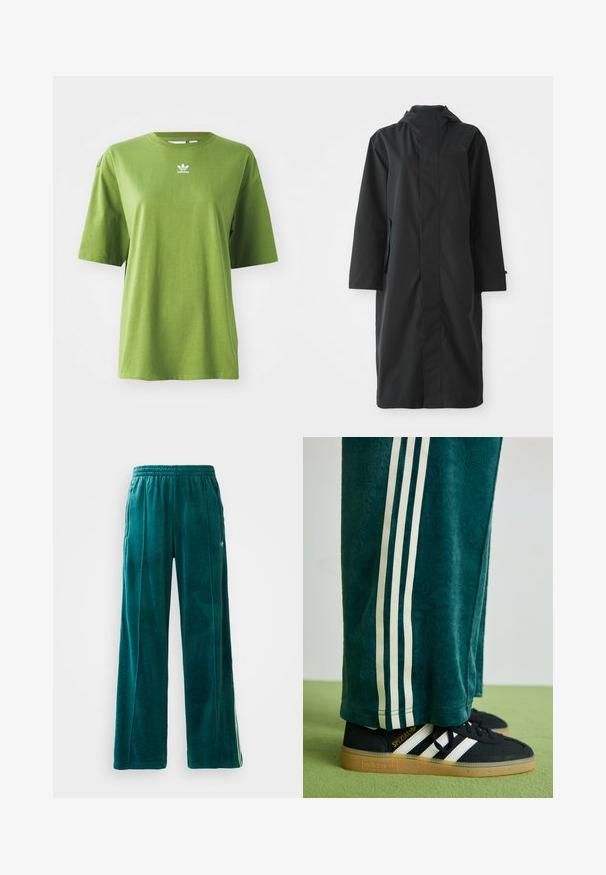 Čierny nepremokavý kabát vyrobený z materiálu odolného voči vode, s vysokým golierom, dlhými rukávmi, minimalistickým dizajnom a bočnými vreckami.; Zelené bavlnené tričko s krátkymi rukávmi, okrúhlym výstrihom a bielym logom Adidas na hrudi. Hladká textúra, voľný strih.; Modré velúrové tepláky so voľným strihom, elastickým pásom, bočnými vreckami a jemným textúrovaným vzorom. Majú kontrastné pruhy po stranách.; Zelené textúrované nohavice s bielymi bočnými pruhmi, skombinované s čiernymi teniskami Adidas s tromi bielymi pruhmi a gumovou podrážkou.