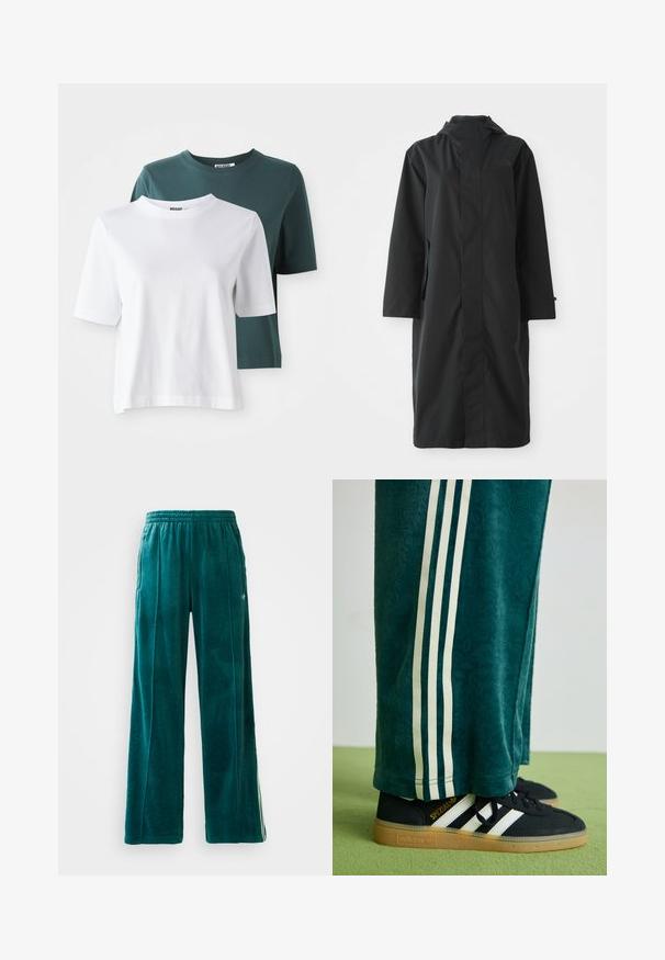 Schwarzer Regenmantel aus wasserabweisendem Material, mit hohem Kragen, langen Ärmeln, minimalistischen Design und seitlichen Taschen.; Zwei kurzärmlige T-Shirts: eines in Weiß und eines in dunklem Türkis. Beide haben einen Rundhalsausschnitt und eine weiche Baumwollstruktur. Das Markenlabel ist am Hals sichtbar.; Türkise Velours-Jogginghosen mit lockerer Passform, elastischem Bund, seitlichen Taschen und feinem Strukturmuster. Mit kontrastierenden Streifen an den Seiten.; Grüne strukturierte Hose mit weißen Seitenstreifen, kombiniert mit schwarzen Adidas Turnschuhen, die drei weiße Streifen und eine Gummisohle haben.