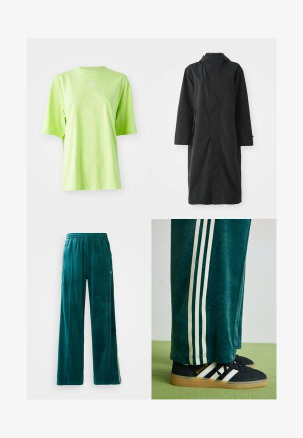 Schwarzer Regenmantel aus wasserabweisendem Material, mit hohem Kragen, langen Ärmeln, minimalistischen Design und seitlichen Taschen.; Limegrünes, übergroßes T-Shirt aus Baumwolle mit Rundhalsausschnitt und kurzen Ärmeln. Kleines, weißes Adidas-Logo auf der Brust.; Türkise Velours-Jogginghosen mit lockerer Passform, elastischem Bund, seitlichen Taschen und feinem Strukturmuster. Mit kontrastierenden Streifen an den Seiten.; Grüne strukturierte Hose mit weißen Seitenstreifen, kombiniert mit schwarzen Adidas Turnschuhen, die drei weiße Streifen und eine Gummisohle haben.