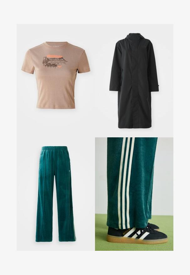 Abrigo negro hecho de un material resistente al agua, con un cuello alto, mangas largas, un diseño minimalista y bolsillos laterales.; Camiseta de algodón marrón, de mangas cortas, con cuello redondo. En la parte frontal presenta un gráfico de "PARADISE" en naranja con un diseño de paisaje y palmera.; Joggers de terciopelo teal con un corte holgado, cinturilla elástica, bolsillos laterales y un sutil patrón de textura. Presenta franjas en contraste a lo largo de los costados.; Pantalones verdes texturizados con franjas laterales blancas, combinados con zapatillas Adidas negras que presentan tres franjas blancas y una suela de goma.