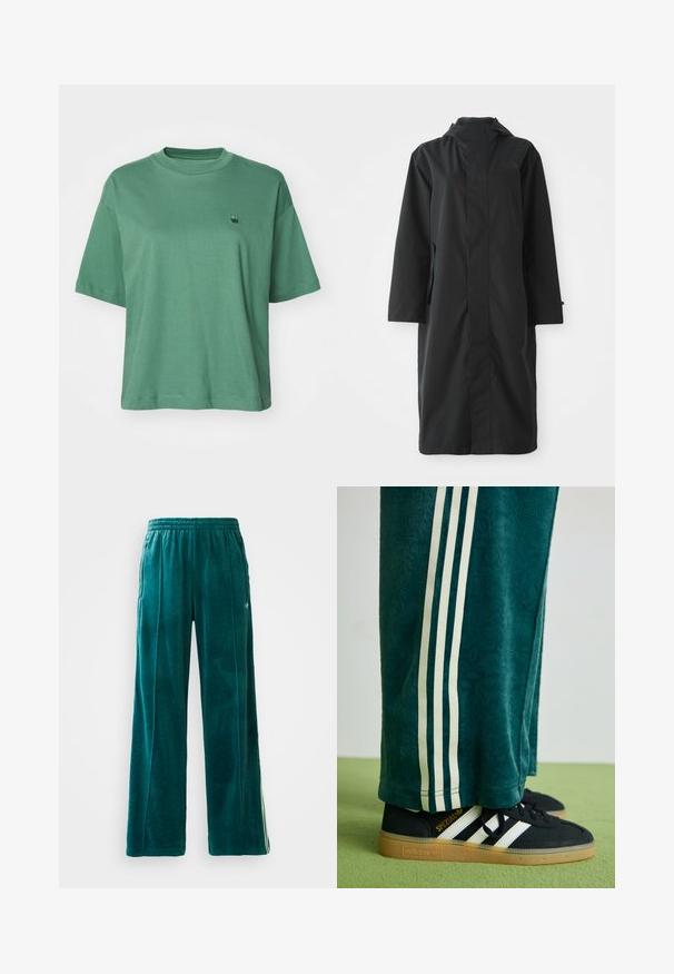 Černý deštník vyrobený z voděodolného materiálu, s vysokým límcem, dlouhými rukávy, minimalistickým designem a bočními kapsami.; Carhartt WIP CHESTER - Jednoduché tričko - duck green; Tyrkysové velurové tepláky s volným střihem, elastickým pasem, bočními kapsami a jemným texturovaným vzorem. Obsahují kontrastní pruhy po stranách.; Zelené texturované kalhoty s bílými bočními pruhy, spárované s černými teniskami Adidas se třemi bílými pruhy a gumovou podrážkou.